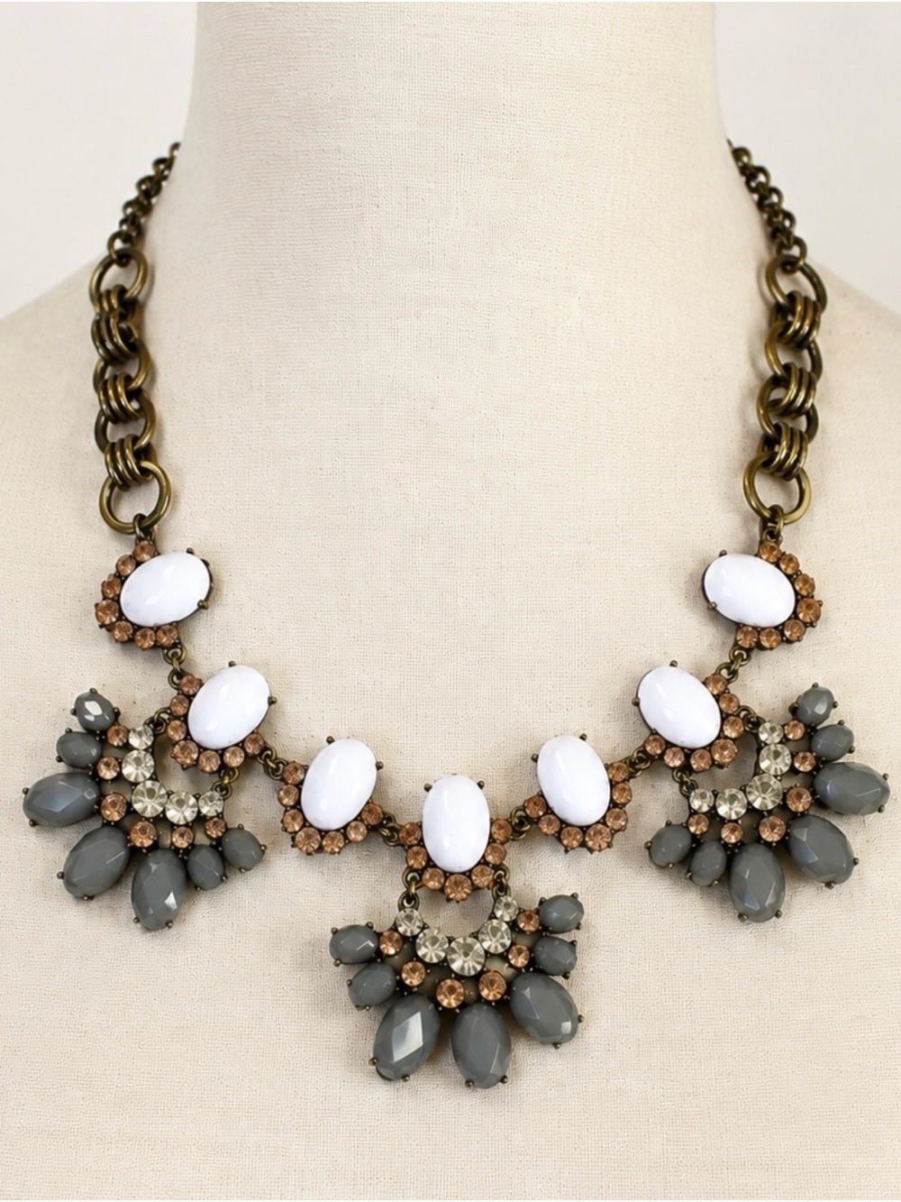 Antique Brass Tone White Cabochon Gray Rhinestone Statement Bib Necklace